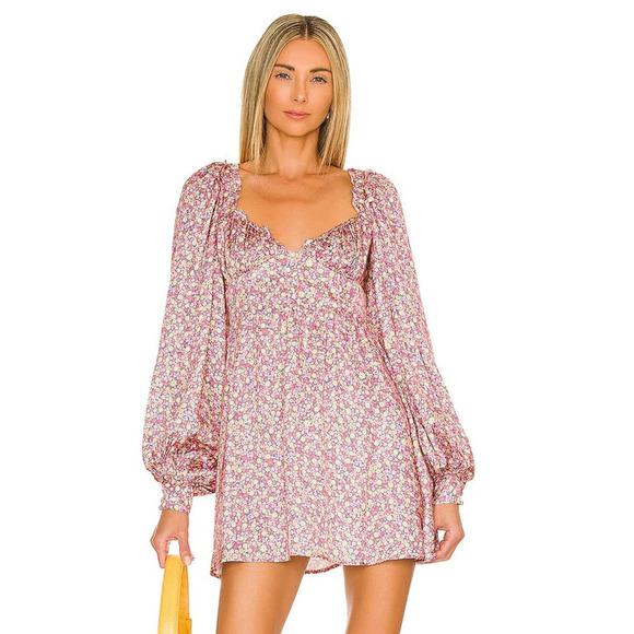 For Love‎ & Lemons Laurie Pink Floral Mini Dress Long Puff Sleeve Sz XS Satin - Picture 2 of 13
